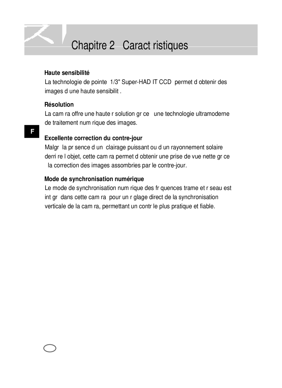 Samsung SCC-B2091P/TRK Chapitre 2 Caractéristiques, Haute sensibilité, Résolution, Excellente correction du contre-jour 