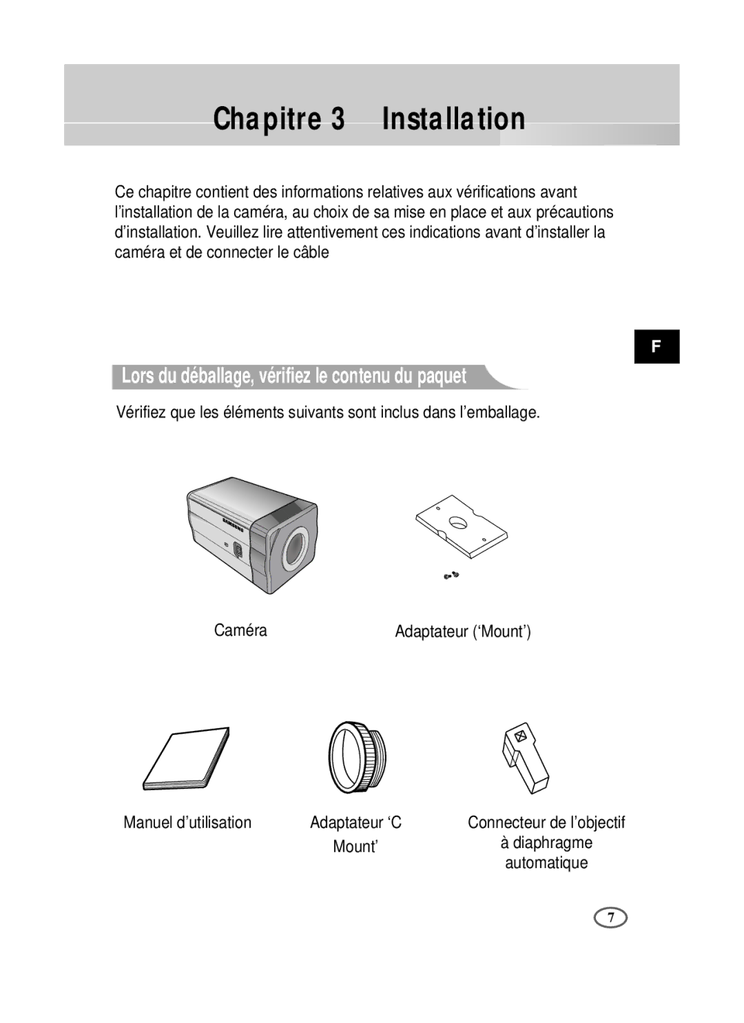 Samsung SCC-B2091P, SCC-B2391P/SAU, SCC-B2391N Chapitre 3 Installation, Lors du déballage, vérifiez le contenu du paquet 