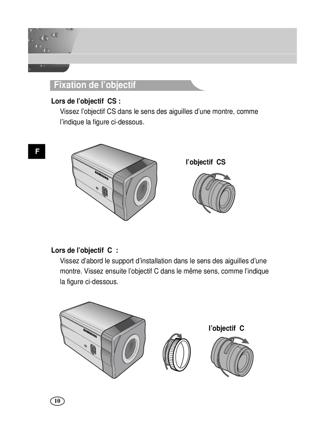 Samsung SCC-B2391N, SCC-B2091P, SCC-B2391P Fixation de l’objectif, Lors de l’objectif CS, ’objectif CS Lors de l’objectif C 