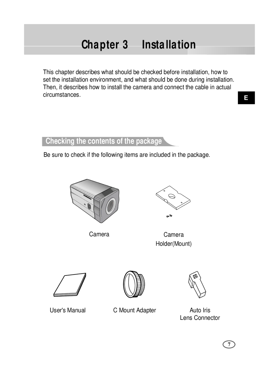 Samsung SCC-B2391P/SAU, SCC-B2391N, SCC-B2091P/TRK manual Installation, Checking the contents of the package 