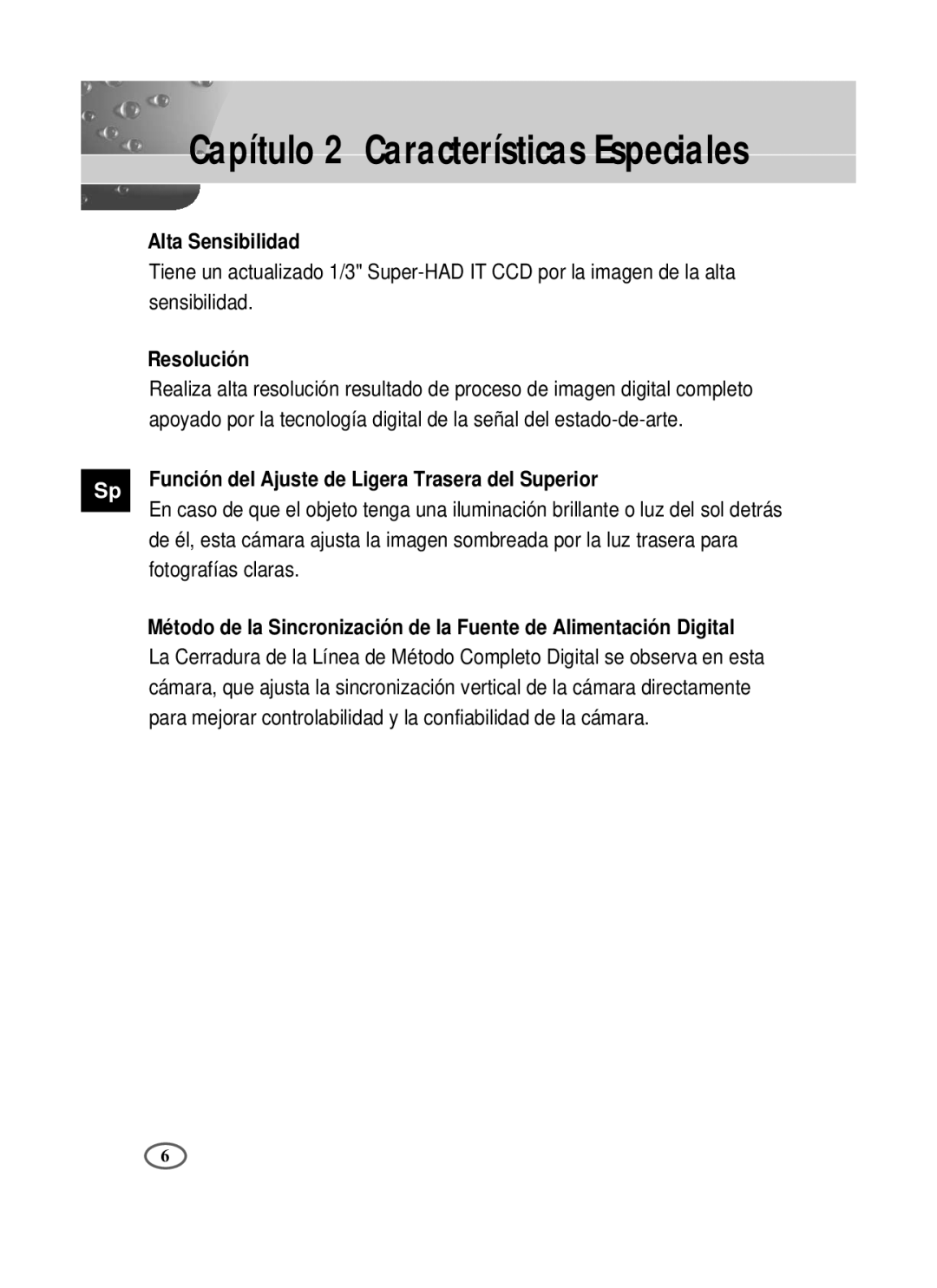 Samsung SCC-B2391N, SCC-B2091P, SCC-B2391P/SAU manual Capítulo 2 Características Especiales, Alta Sensibilidad, Resolución 