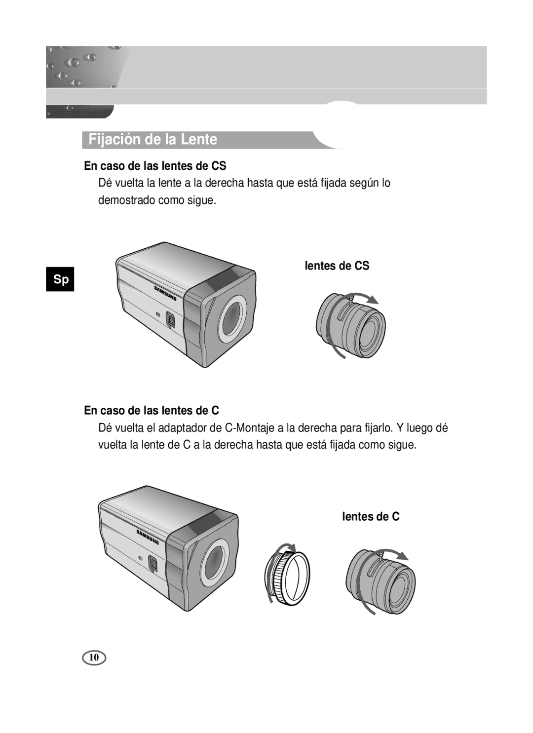 Samsung SCC-B2391P, SCC-B2091P Fijación de la Lente, En caso de las lentes de CS, Lentes de CS En caso de las lentes de C 