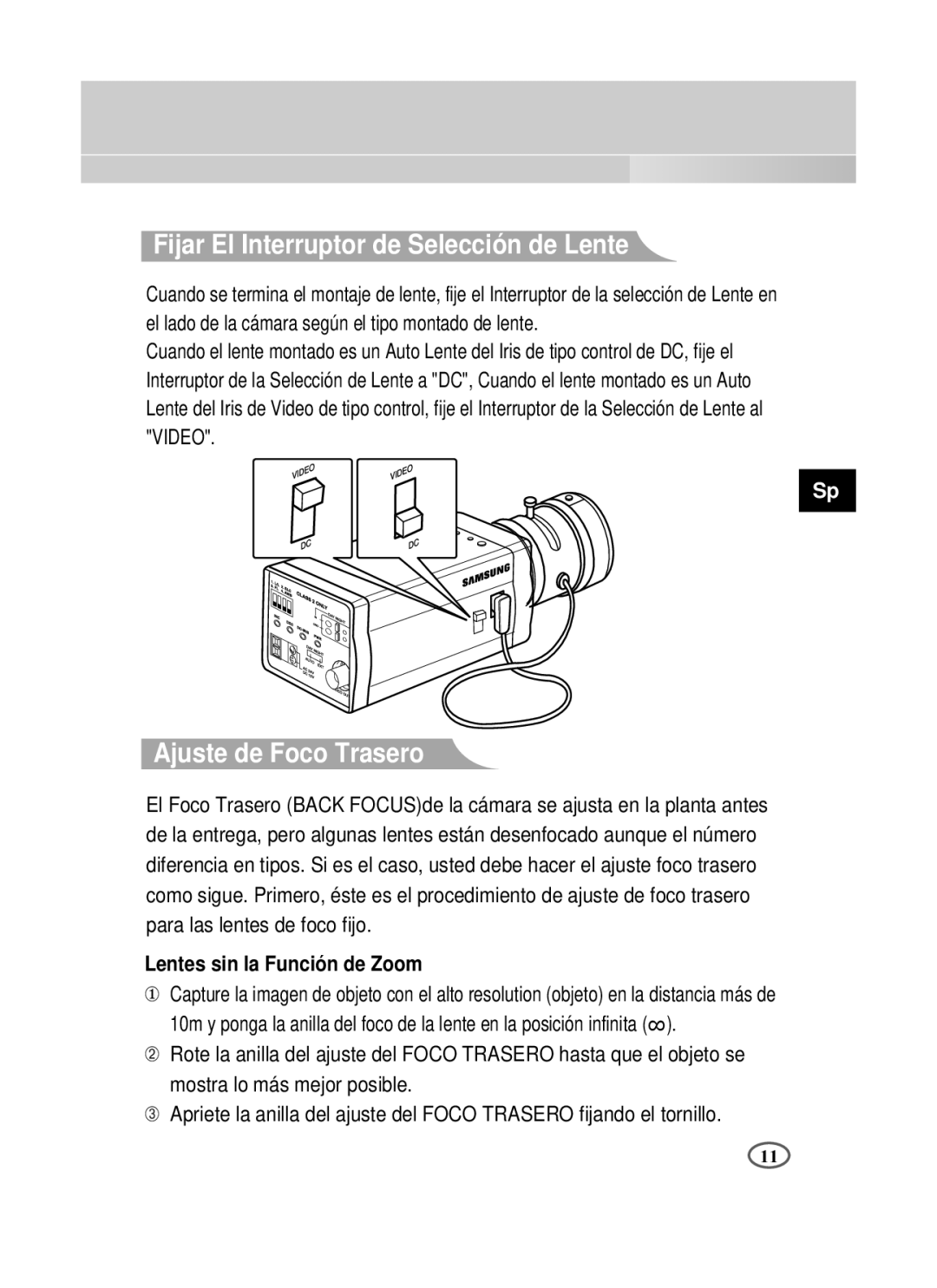 Samsung SCC-B2391N manual Fijar El Interruptor de Selección de Lente, Ajuste de Foco Trasero, Lentes sin la Función de Zoom 