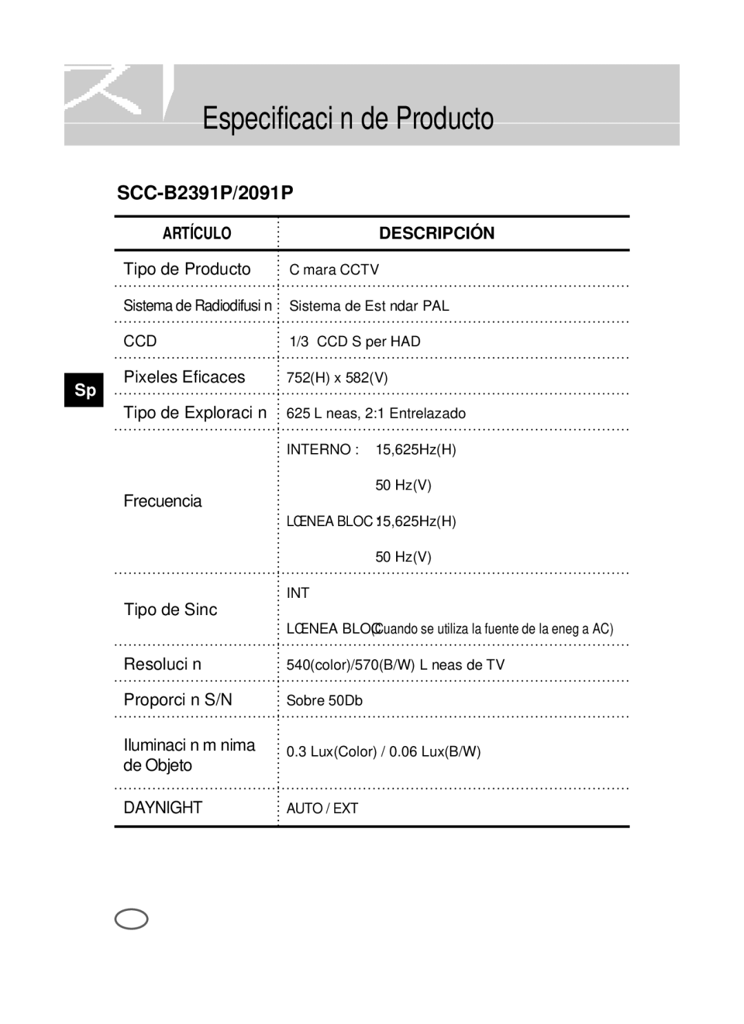 Samsung SCC-B2391P/SAU, SCC-B2391N, SCC-B2091P/TRK manual Especificación de Producto, Artículo Descripción 