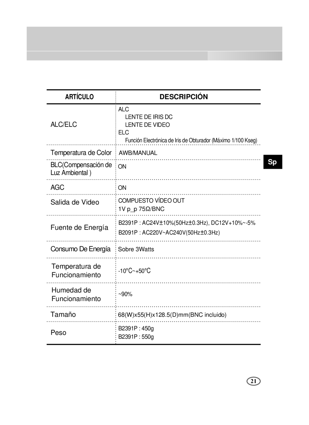 Samsung SCC-B2391N, SCC-B2391P/SAU, SCC-B2091P/TRK manual Artículo 