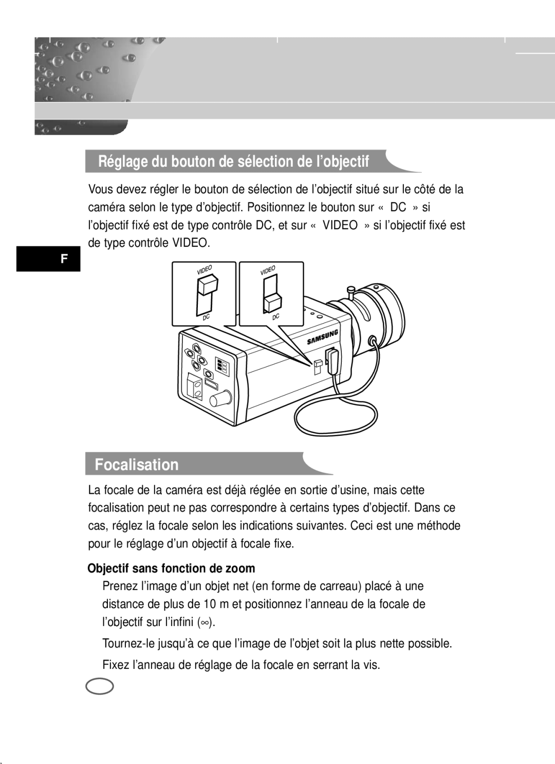 Samsung SCC-B2303(P) user manual Réglage du bouton de sélection de l’objectif, Focalisation, Objectif sans fonction de zoom 