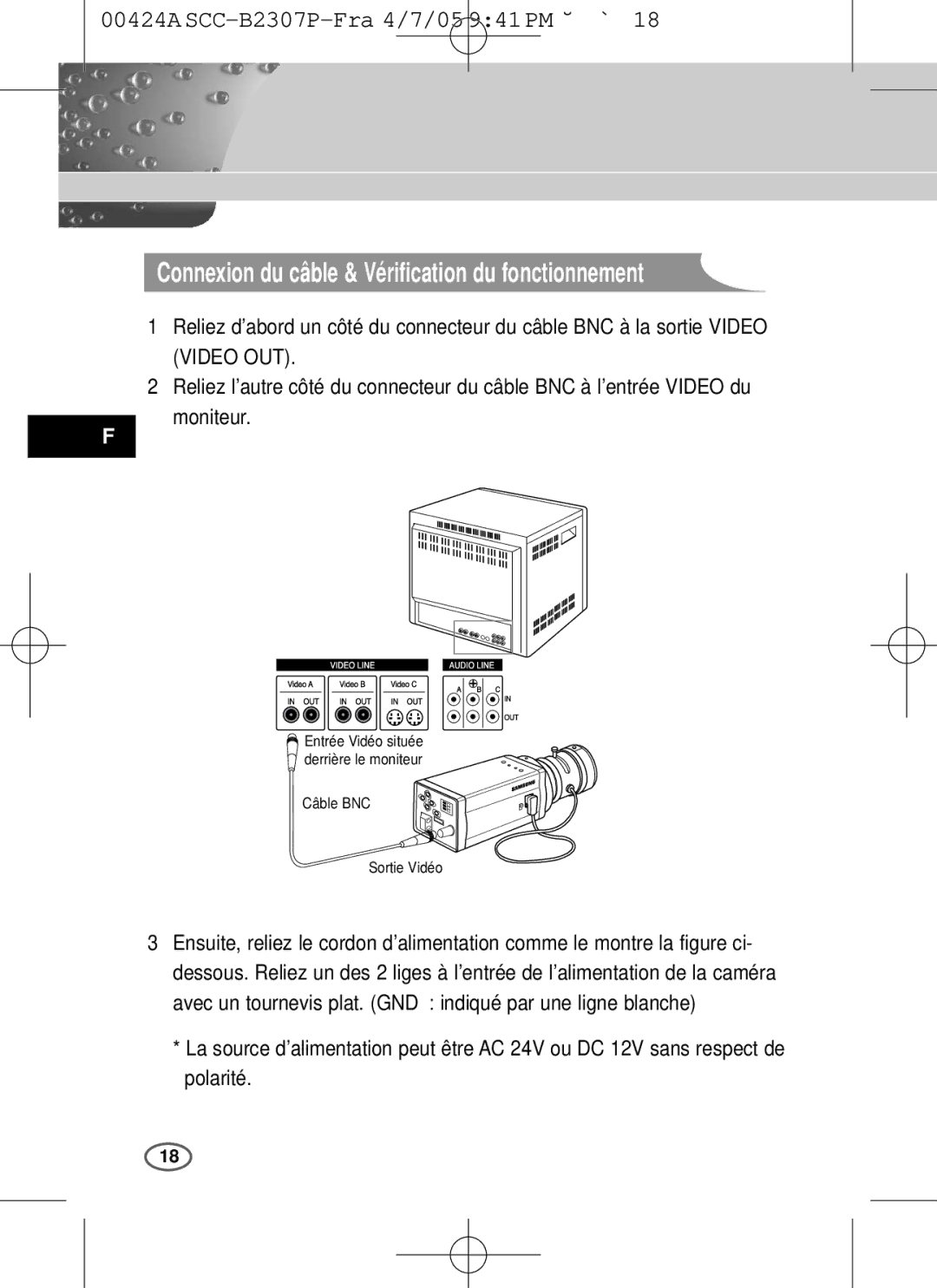 Samsung SCC-B2303(P), SCC-B2003P user manual Connexion du câble & Vérification du fonctionnement, Câble BNC Sortie Vidéo 