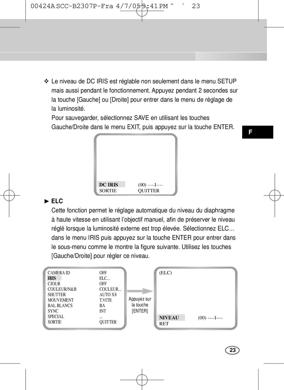 Samsung SCC-B2003P, SCC-B2303(P) user manual ❿ ELC, Niveau 