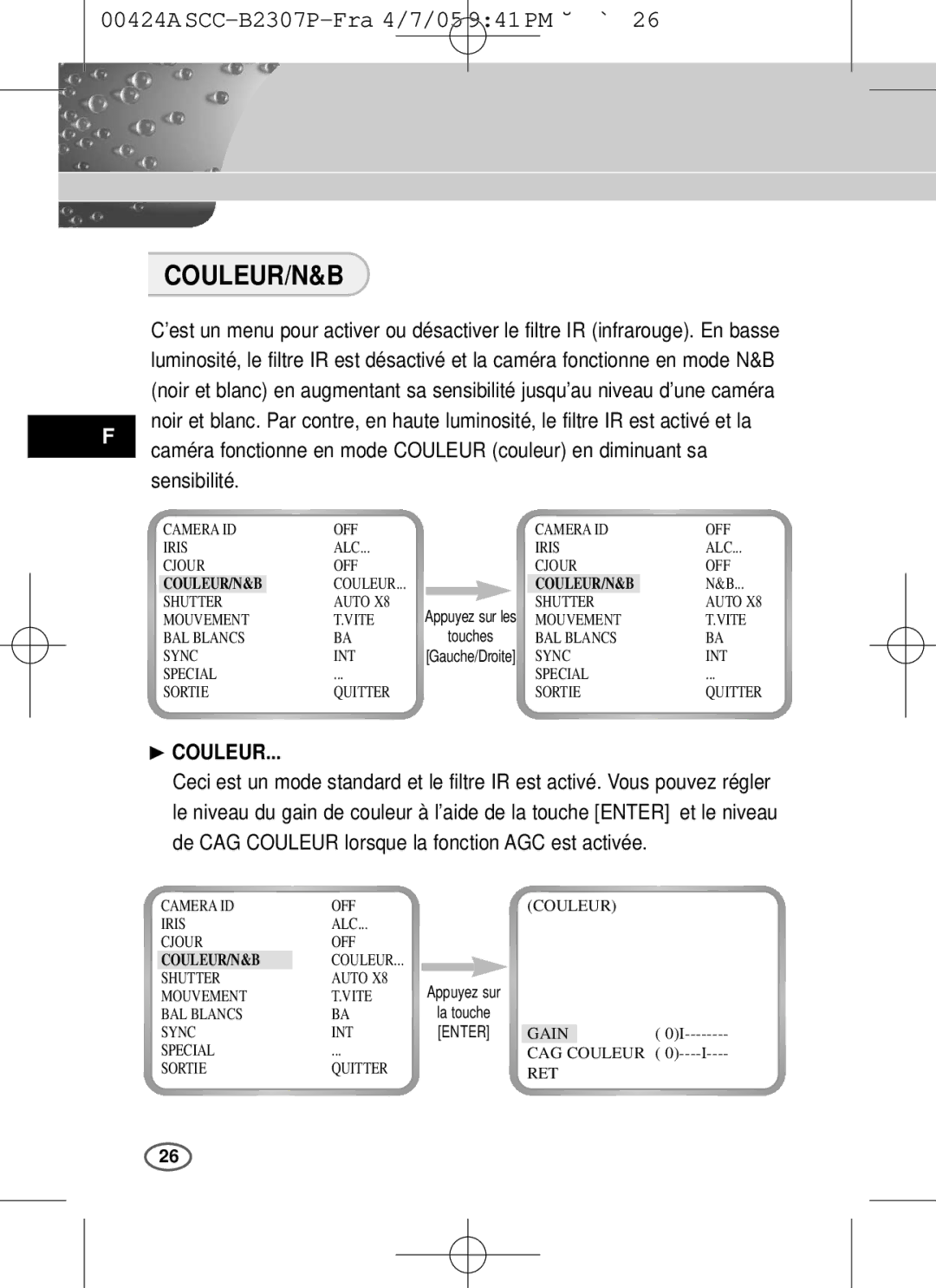 Samsung SCC-B2303(P), SCC-B2003P user manual Couleur/N&B, ❿ Couleur 