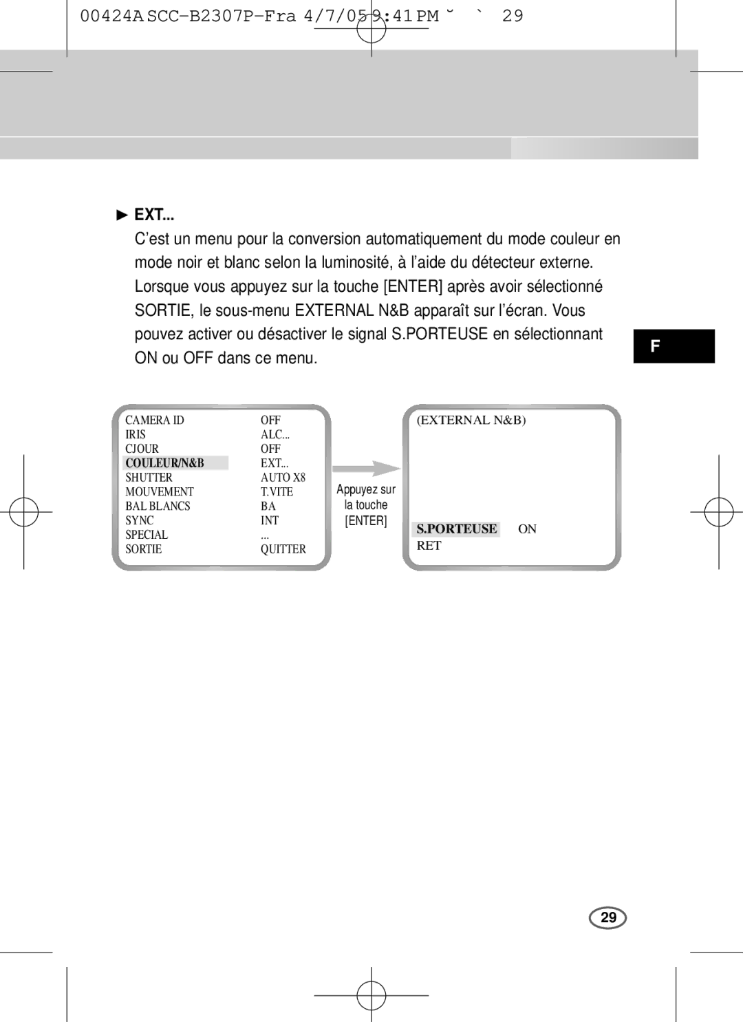 Samsung SCC-B2003P, SCC-B2303(P) user manual ❿ EXT, On ou OFF dans ce menu 