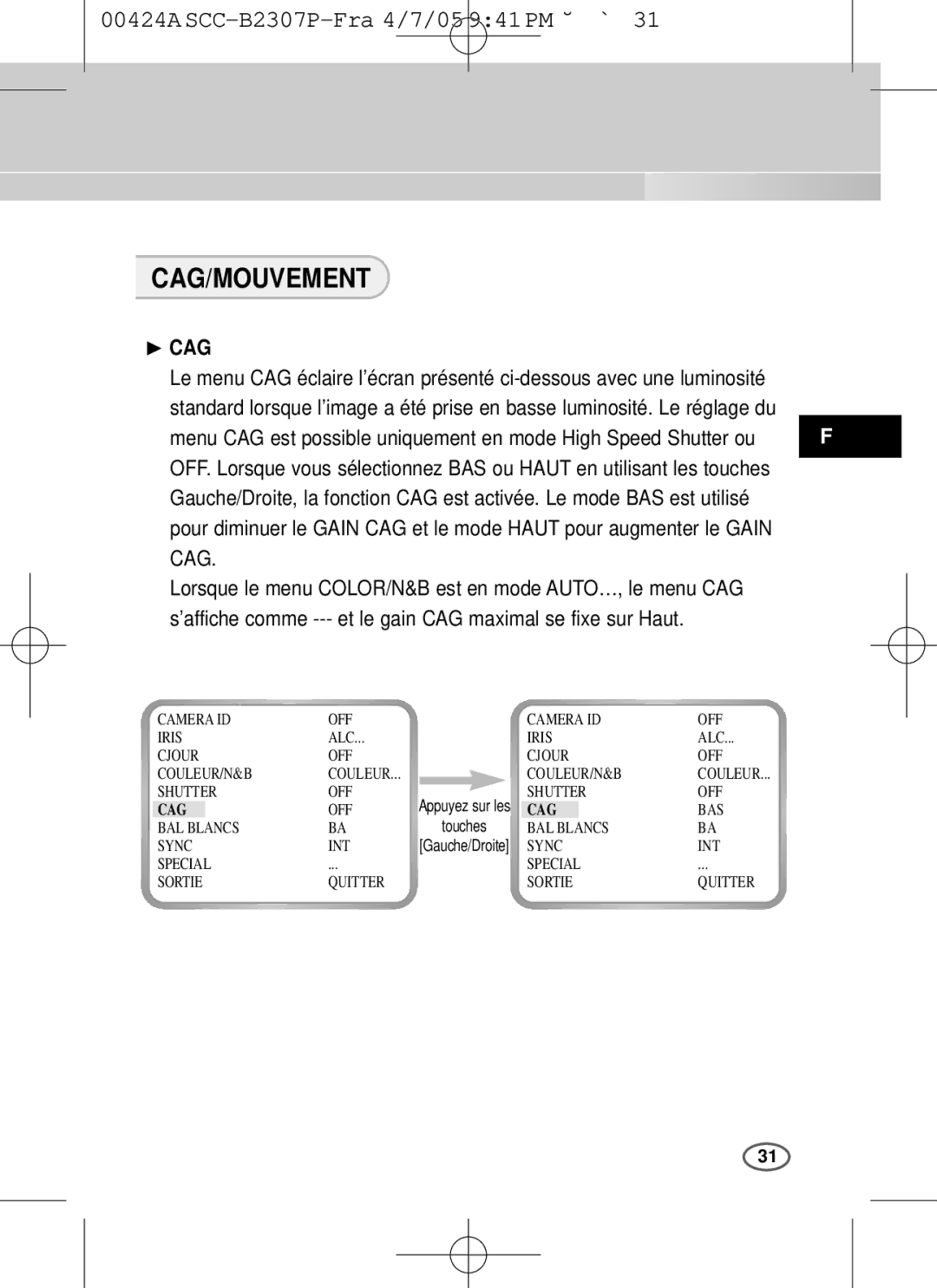 Samsung SCC-B2003P, SCC-B2303(P) user manual Cag/Mouvement, ❿ CAG 