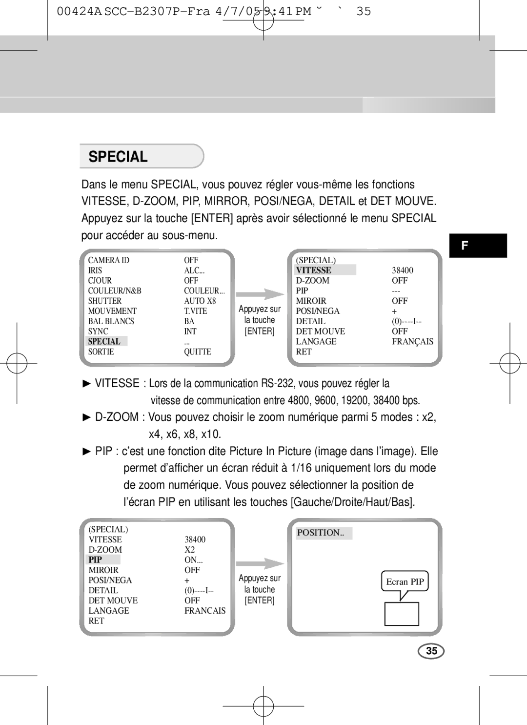 Samsung SCC-B2003P, SCC-B2303(P) user manual Pour accéder au sous-menu, Vitesse 