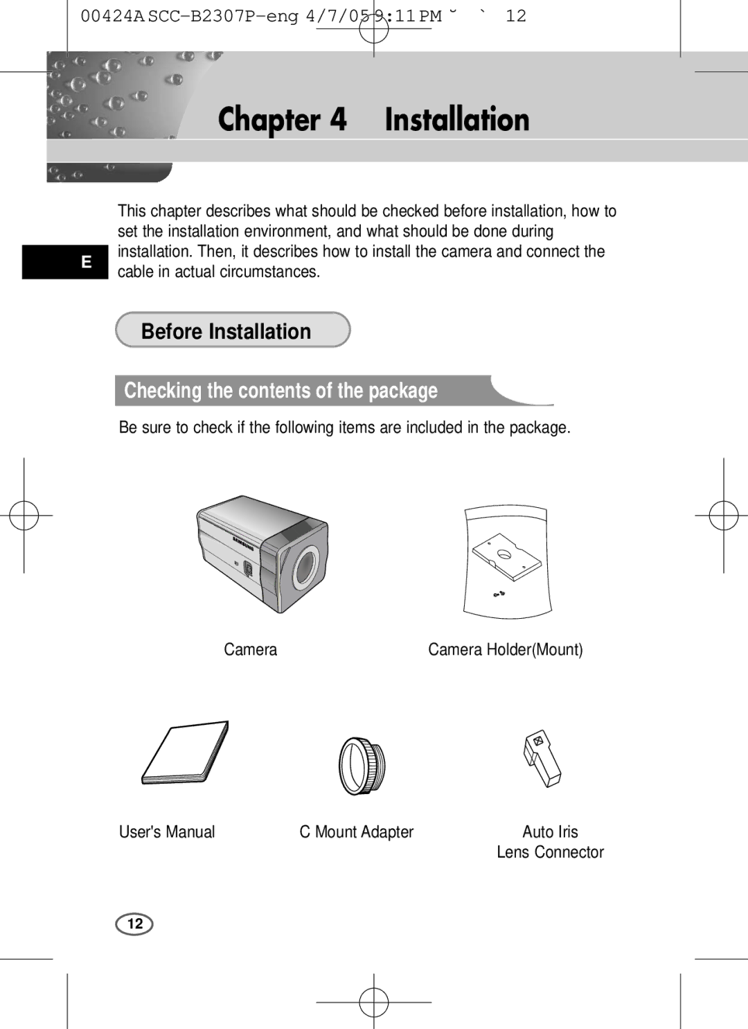 Samsung SCC-B2303(P), SCC-B2003P user manual Installation, Checking the contents of the package 