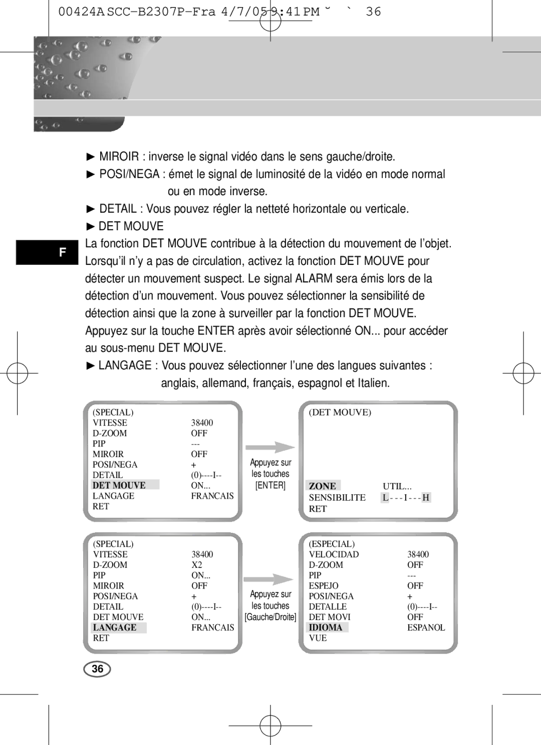 Samsung SCC-B2303(P) ❿ Miroir inverse le signal vidéo dans le sens gauche/droite, Au sous-menu DET Mouve, Zone, Idioma 