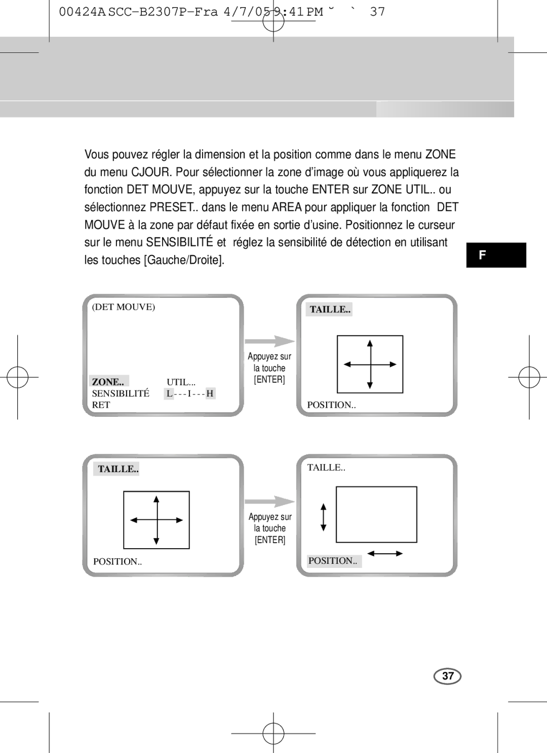 Samsung SCC-B2003P, SCC-B2303(P) user manual Réglez la sensibilité de détection en utilisant, Taille 