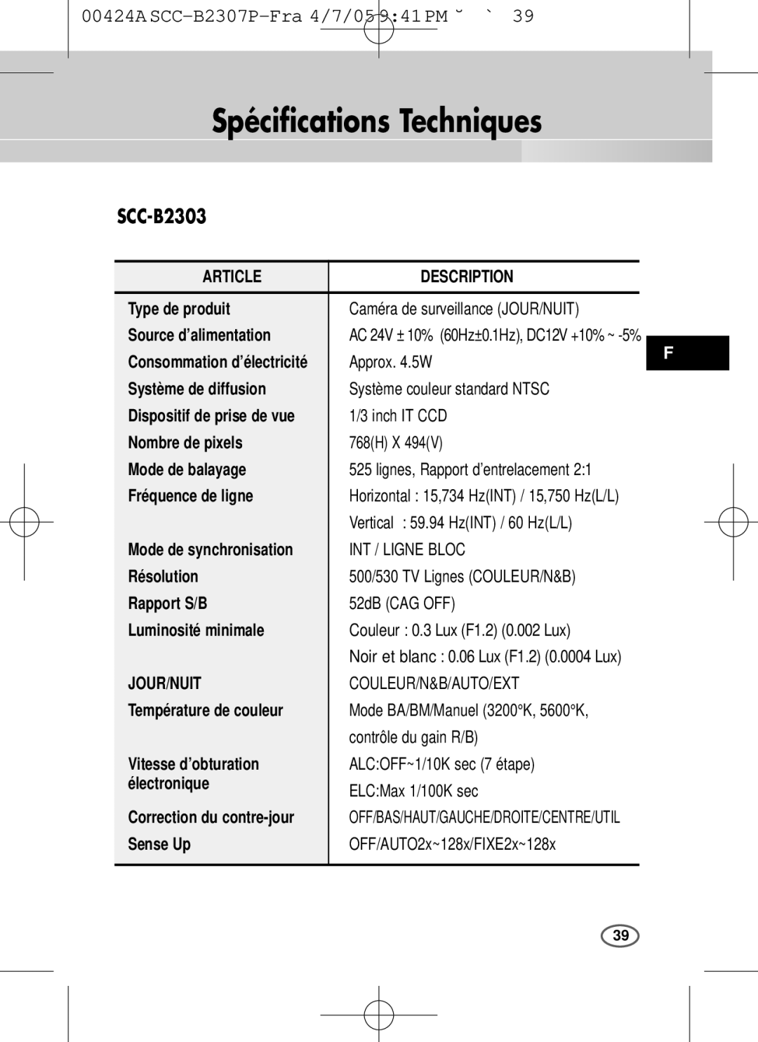 Samsung SCC-B2003P Spécifications Techniques, Article Description, INT / Ligne Bloc, Jour/Nuit Couleur/N&B/Auto/Ext 