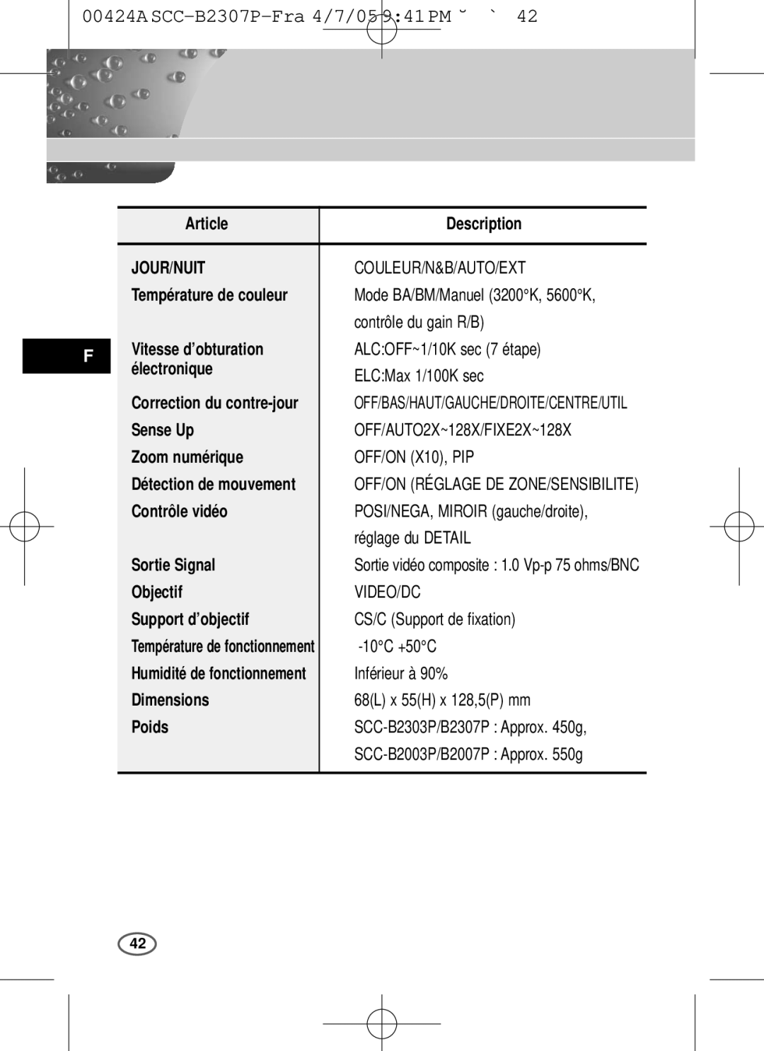 Samsung SCC-B2303(P), SCC-B2003P user manual Article Description, Jour/Nuit, Support d’objectif, Dimensions 