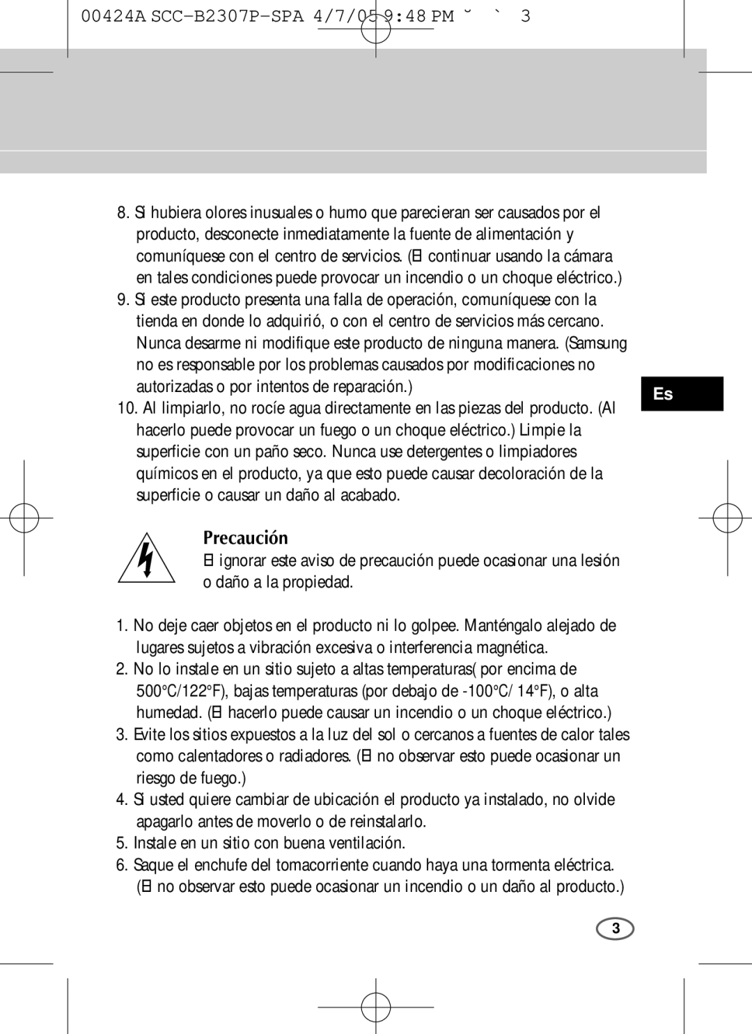 Samsung SCC-B2003P, SCC-B2303(P) user manual Precaución 