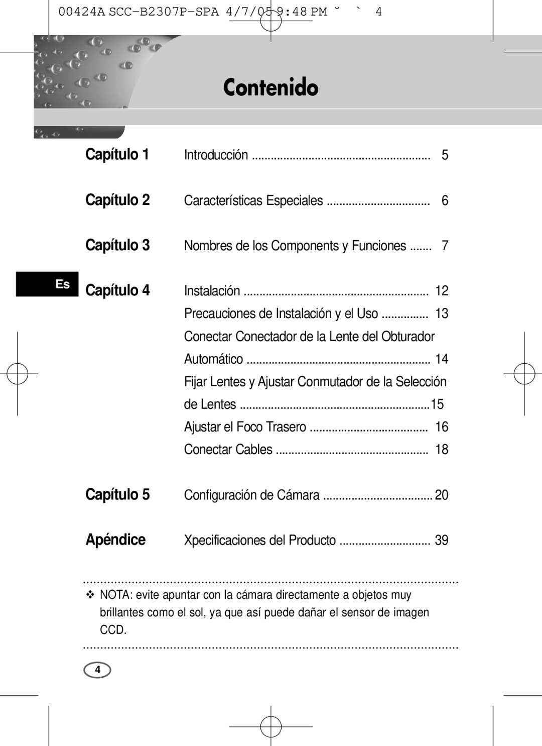 Samsung SCC-B2303(P), SCC-B2003P user manual Contenido, Apéndice 