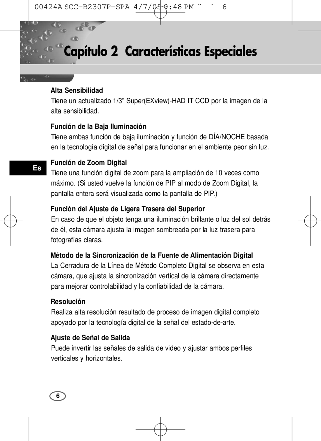 Samsung SCC-B2303(P), SCC-B2003P user manual Capítulo 2 Características Especiales 