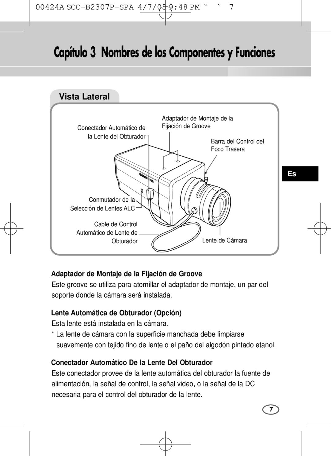 Samsung SCC-B2003P, SCC-B2303(P) Adaptador de Montaje de la Fijación de Groove, Lente Automática de Obturador Opción 