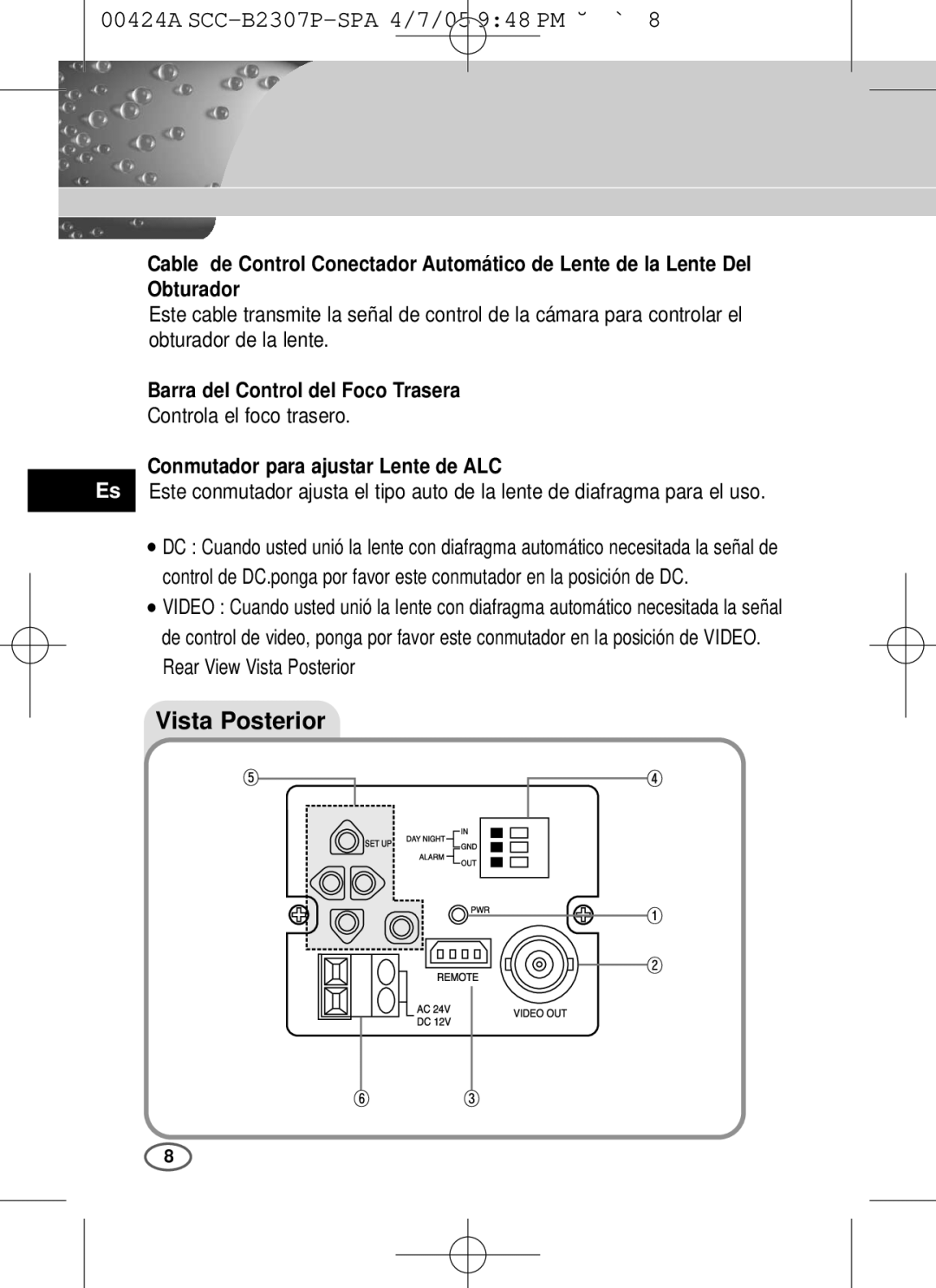 Samsung SCC-B2303(P) Barra del Control del Foco Trasera, Controla el foco trasero, Conmutador para ajustar Lente de ALC 