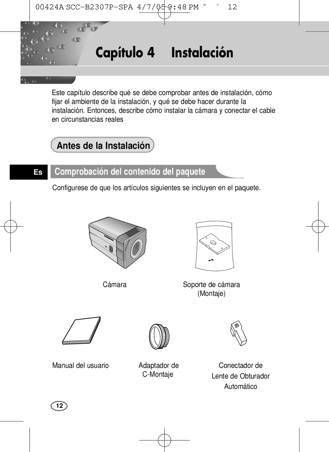 Samsung SCC-B2303(P) Capítulo 4 Instalación, Es Comprobación del contenido del paquete, Manual del usuario Adaptador de 