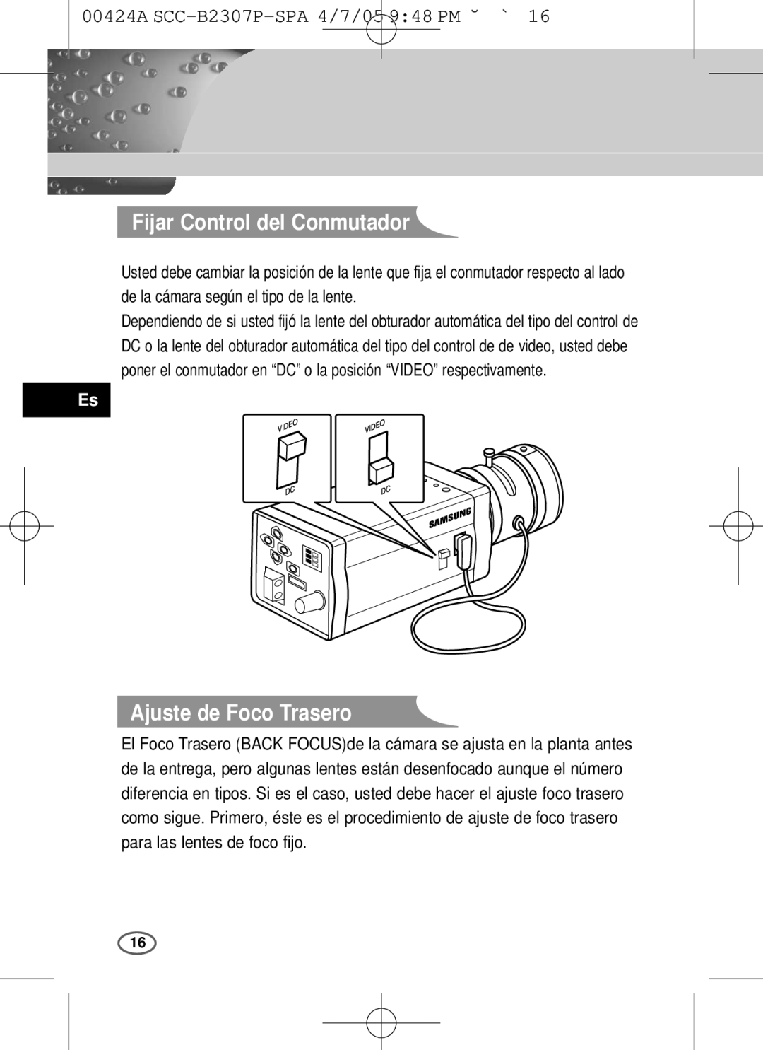 Samsung SCC-B2303(P), SCC-B2003P user manual Fijar Control del Conmutador, Ajuste de Foco Trasero 