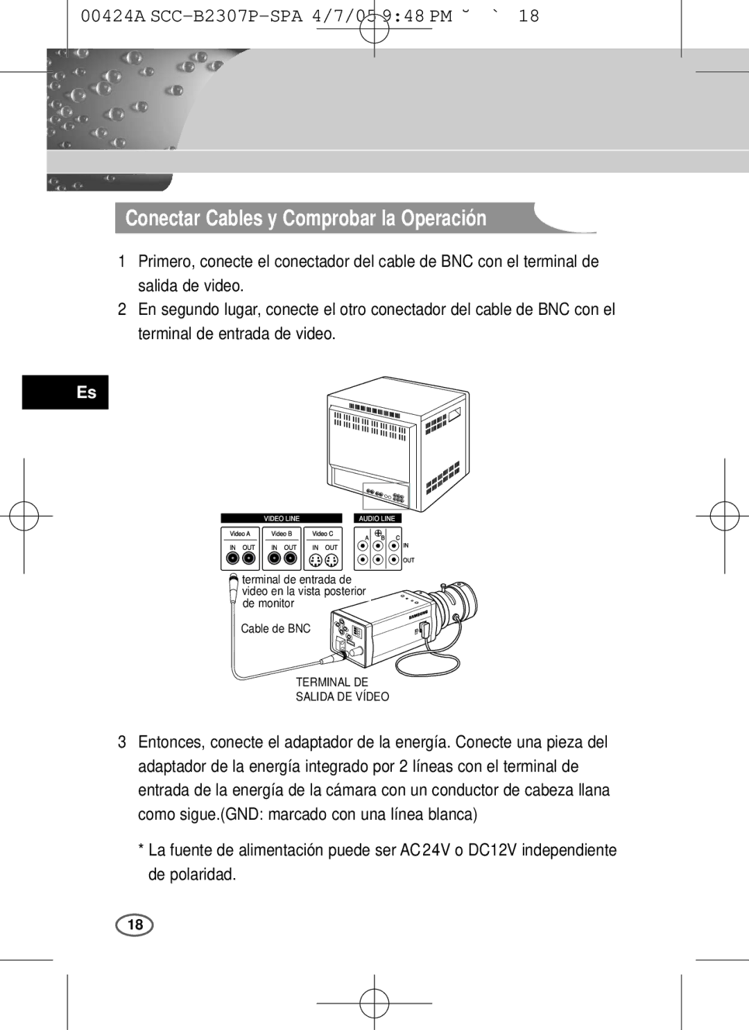 Samsung SCC-B2303(P), SCC-B2003P user manual Conectar Cables y Comprobar la Operación, Terminal DE Salida DE Vídeo 