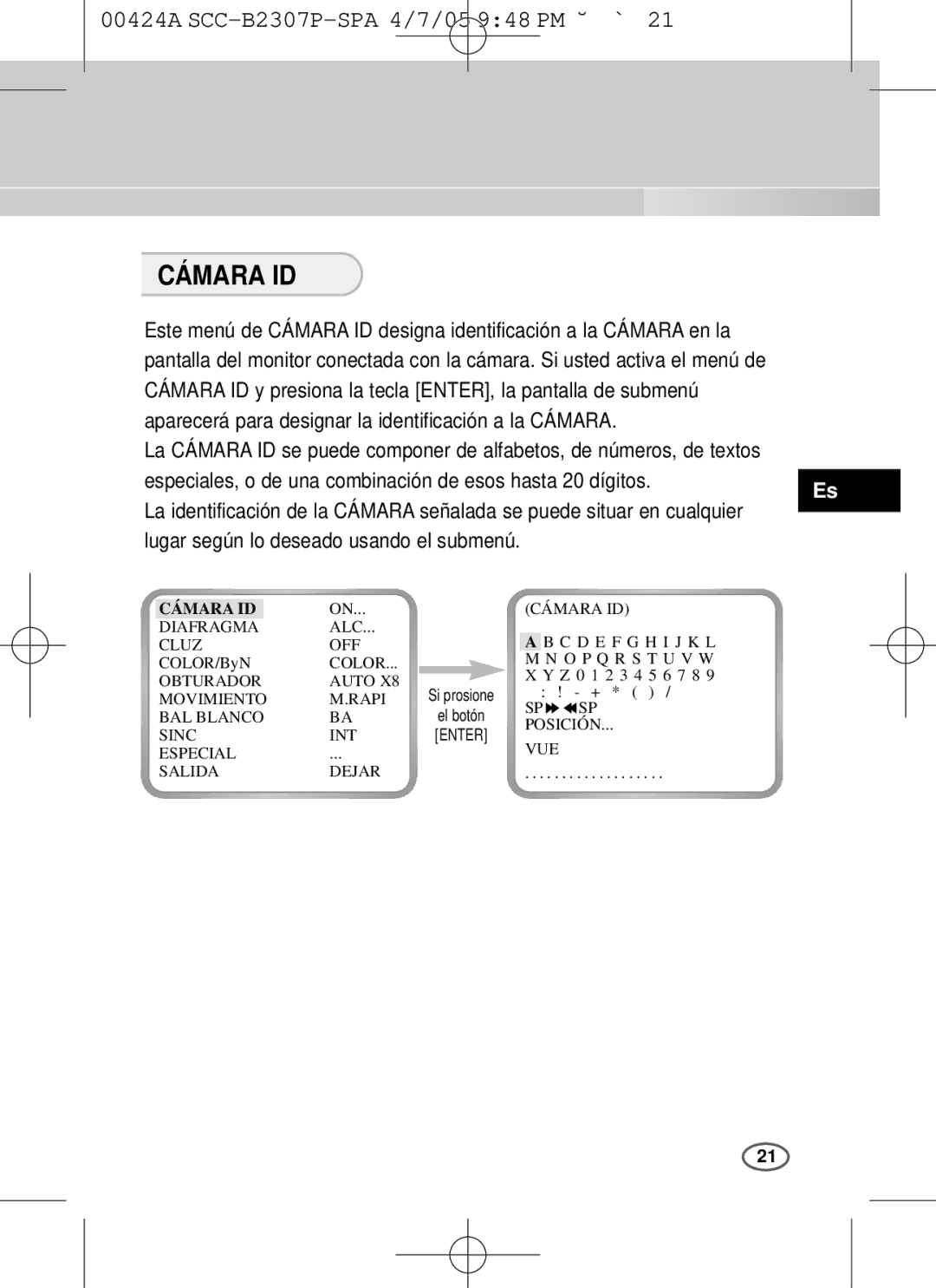 Samsung SCC-B2003P, SCC-B2303(P) user manual Cámara ID 