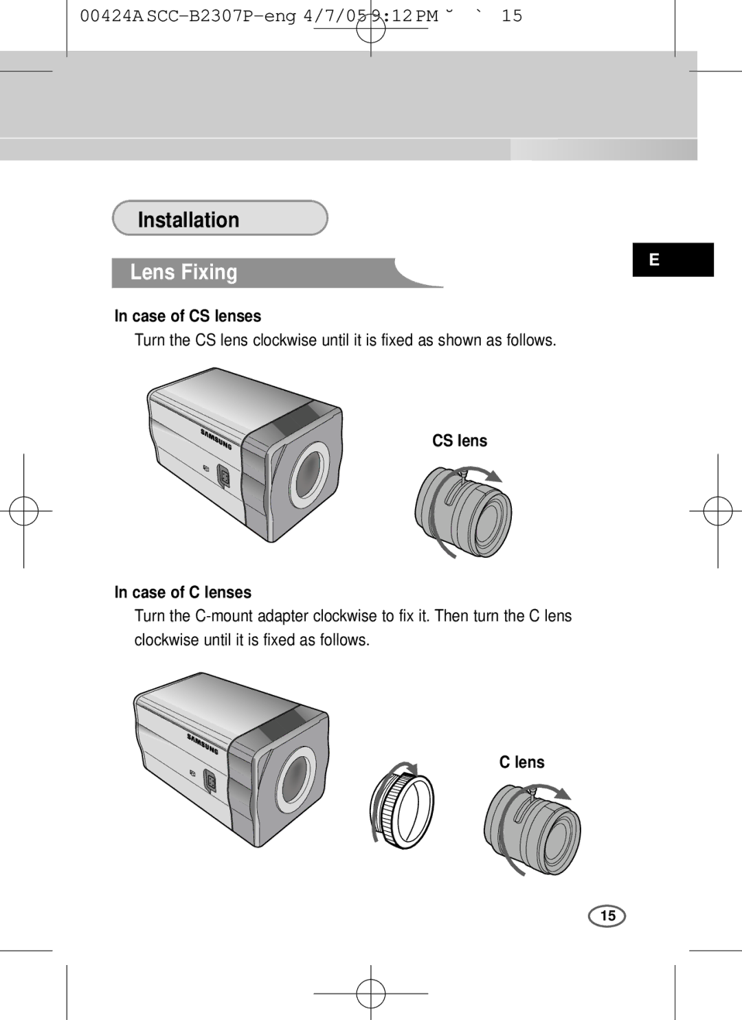 Samsung SCC-B2003P, SCC-B2303(P) user manual Lens Fixing, Case of CS lenses, CS lens Case of C lenses 