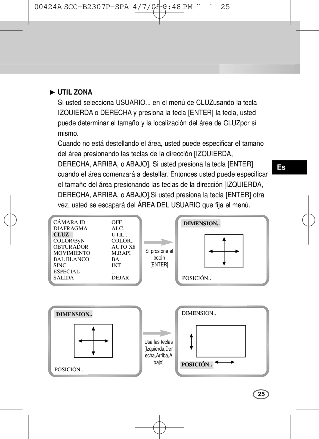 Samsung SCC-B2003P, SCC-B2303(P) ❿ Util Zona, Del área presionando las teclas de la dirección Izquierda, Dimension 