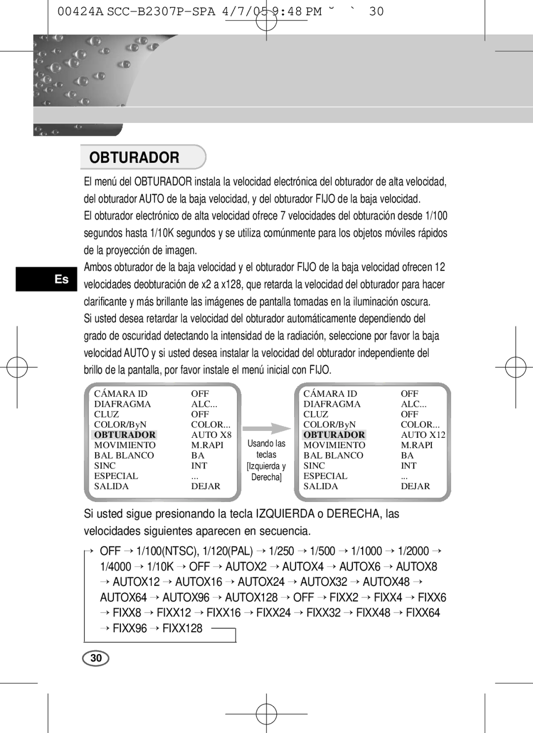 Samsung SCC-B2303(P), SCC-B2003P user manual Obturador, → FIXX128 