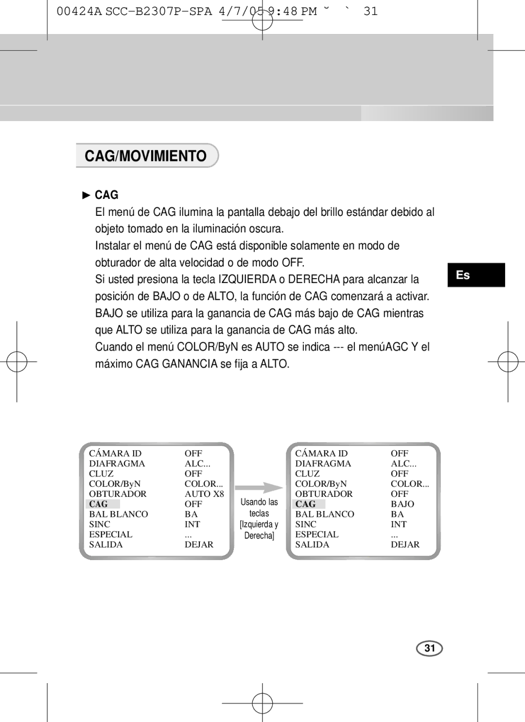 Samsung SCC-B2003P, SCC-B2303(P) user manual Cag/Movimiento, Que Alto se utiliza para la ganancia de CAG más alto 