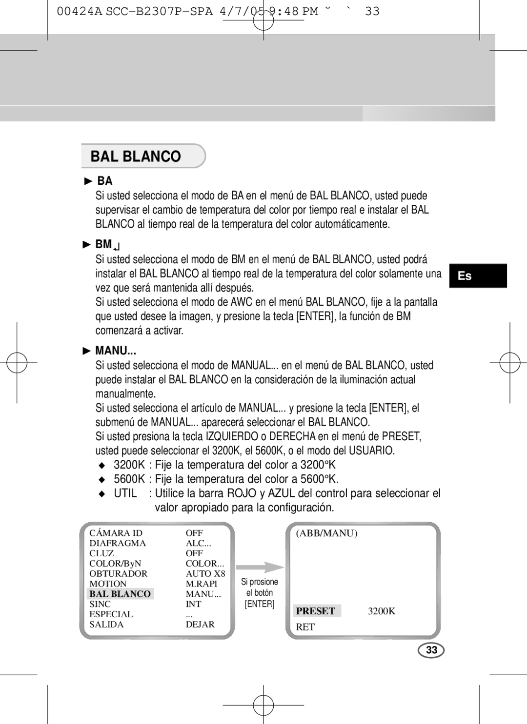 Samsung SCC-B2003P, SCC-B2303(P) user manual BAL Blanco, Comenzará a activar, Valor apropiado para la configuración 