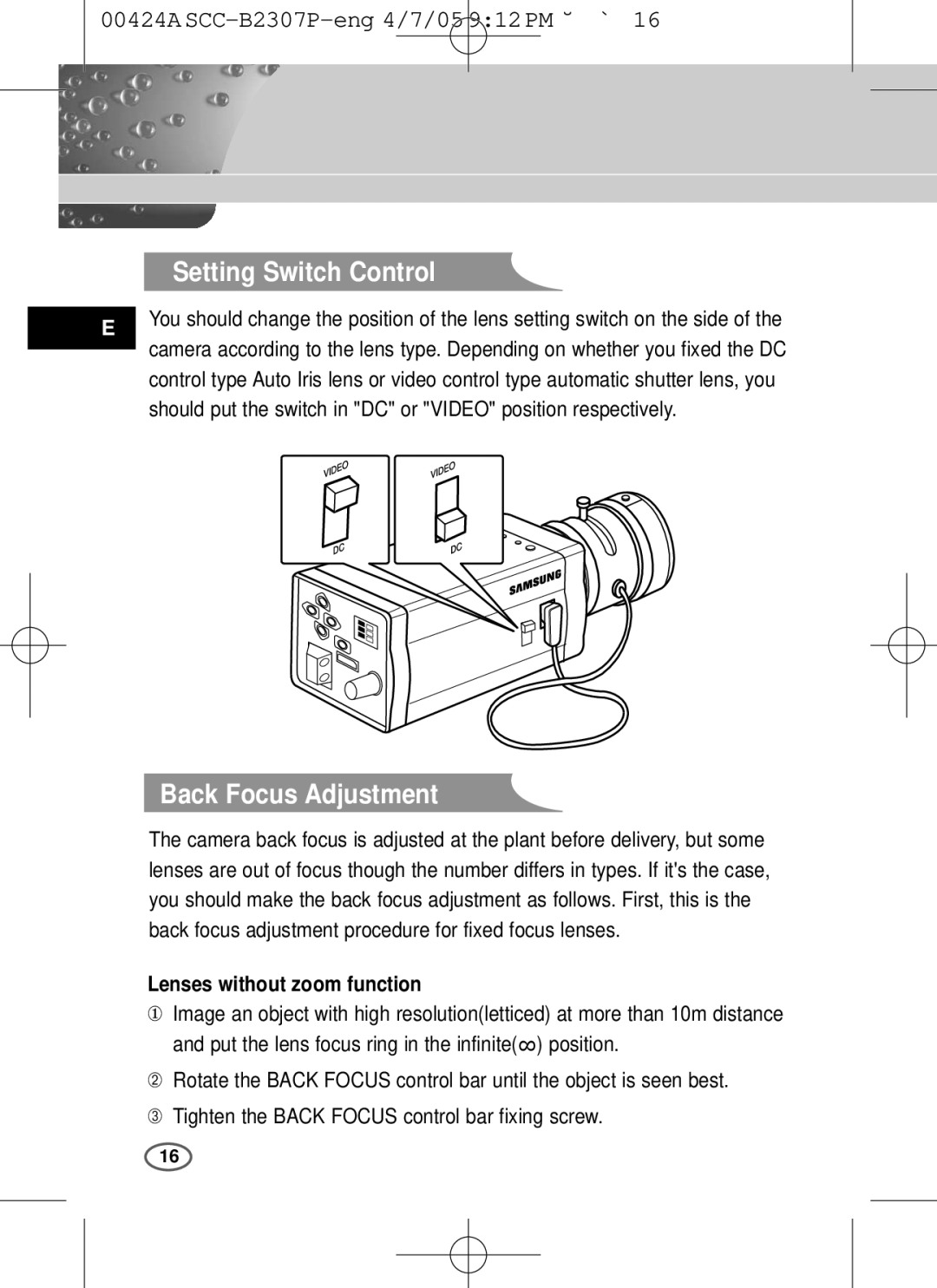 Samsung SCC-B2303(P) Setting Switch Control, Back Focus Adjustment, Back focus adjustment procedure for fixed focus lenses 