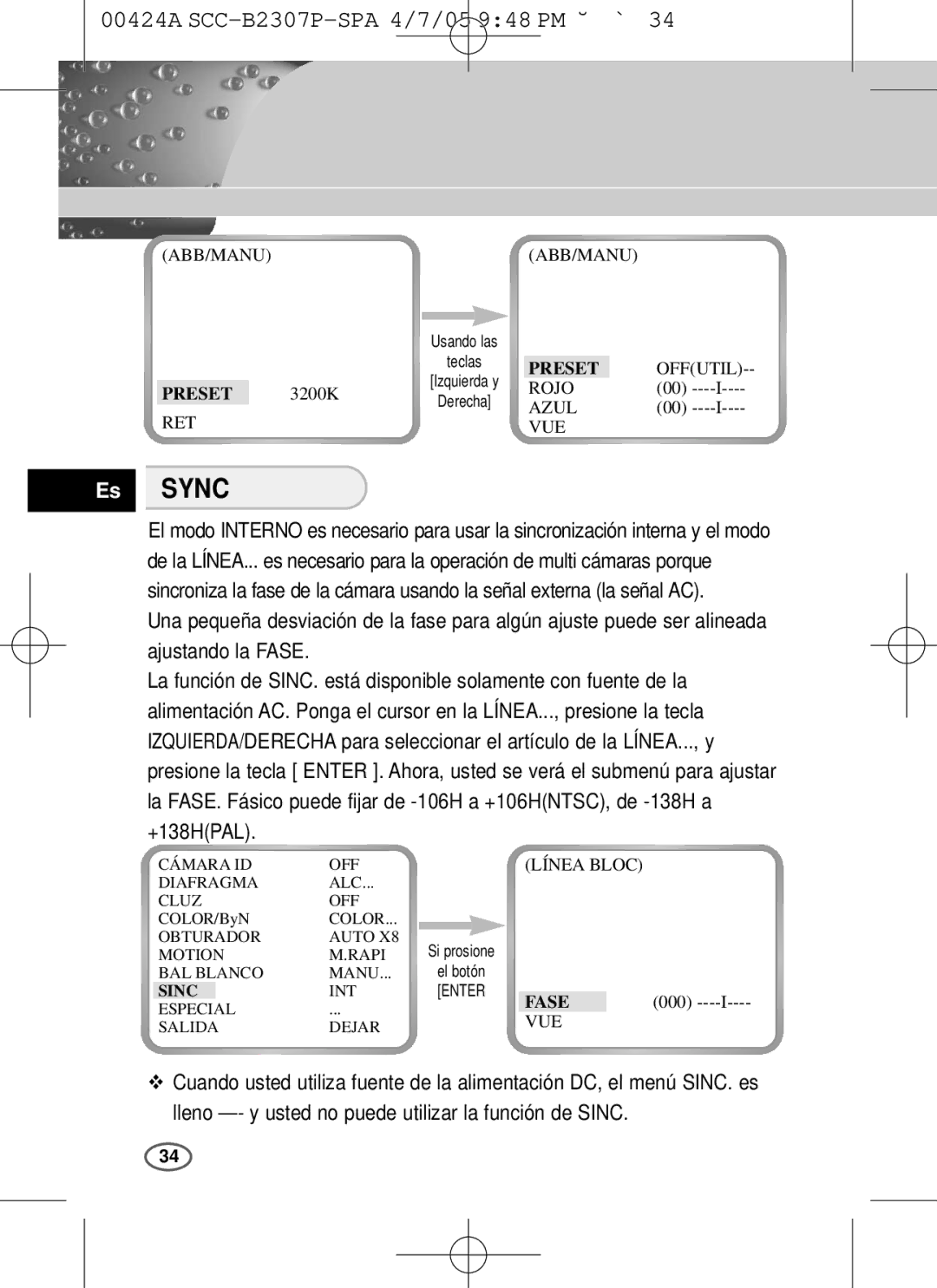 Samsung SCC-B2303(P), SCC-B2003P user manual Es Sync, Sinc 