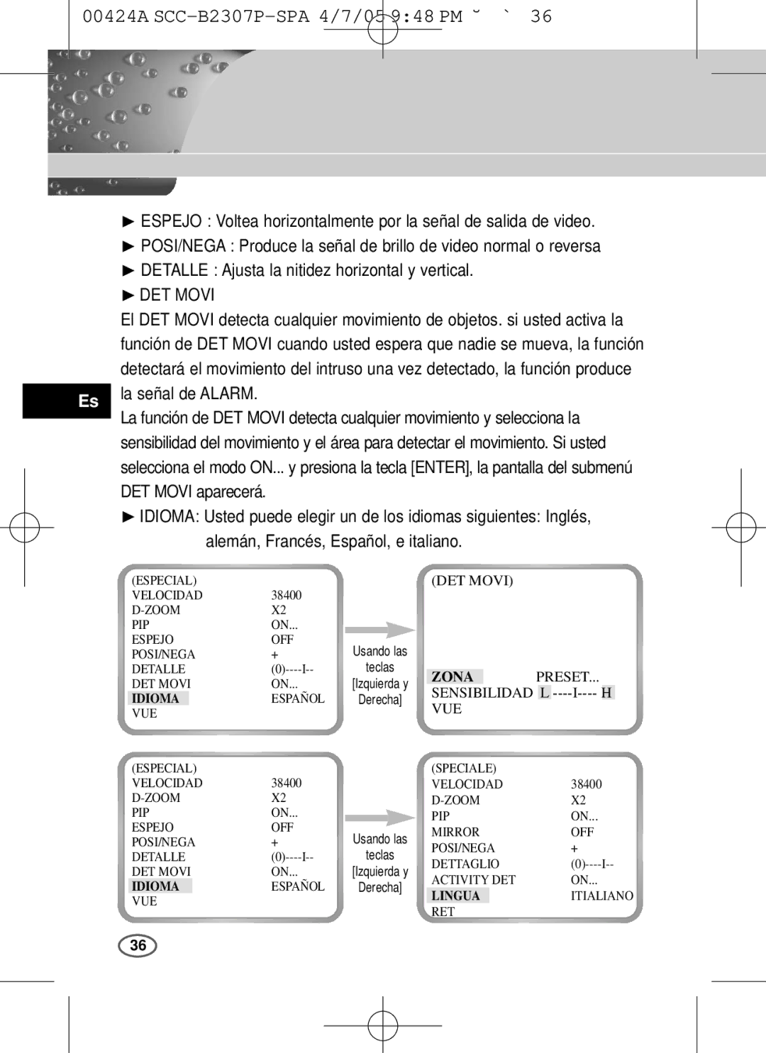 Samsung SCC-B2303(P), SCC-B2003P user manual ❿DET Movi, Lingua 