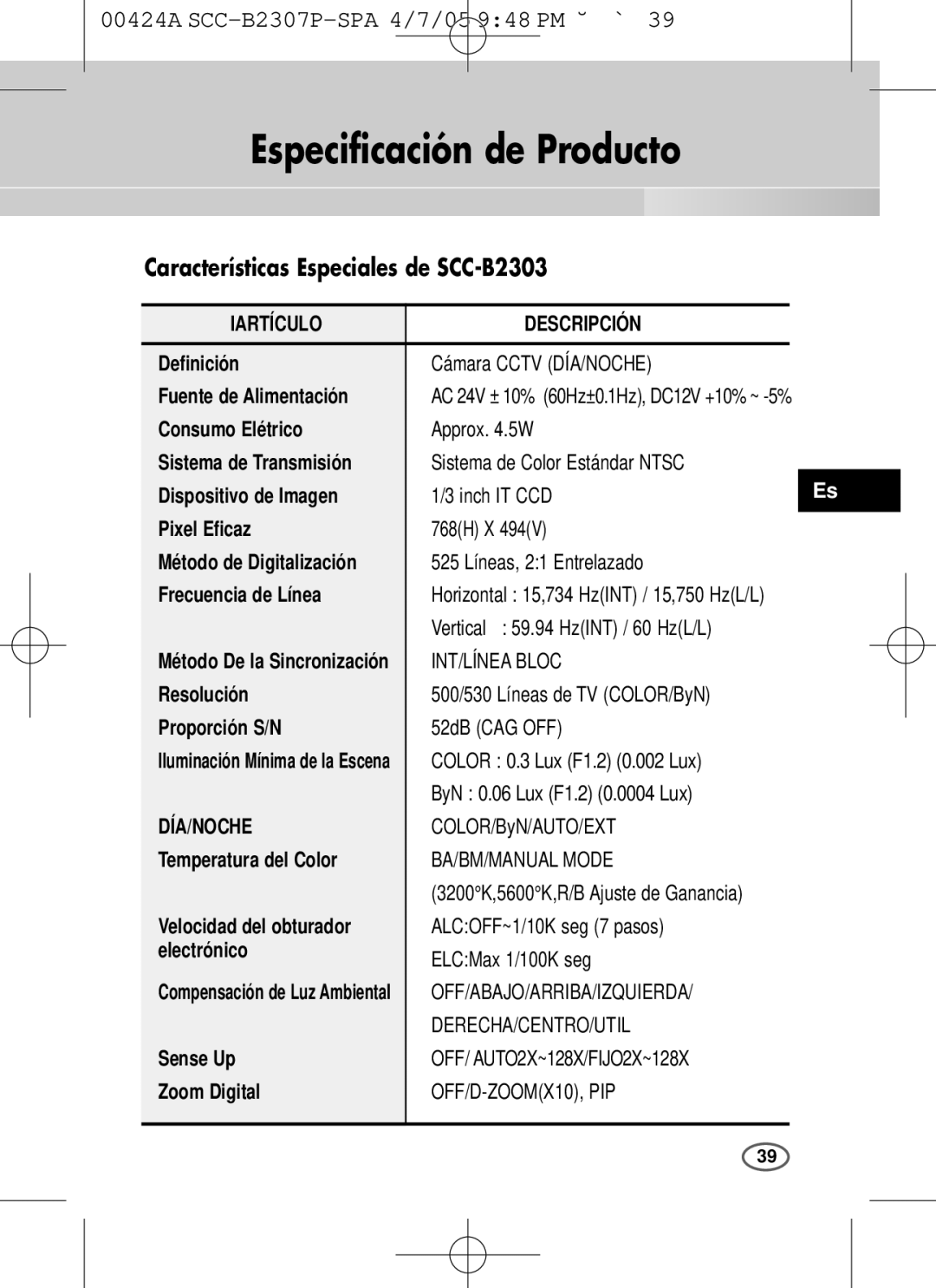 Samsung SCC-B2003P, SCC-B2303(P) user manual Especificación de Producto, Iartículo Descripción, Día/Noche 