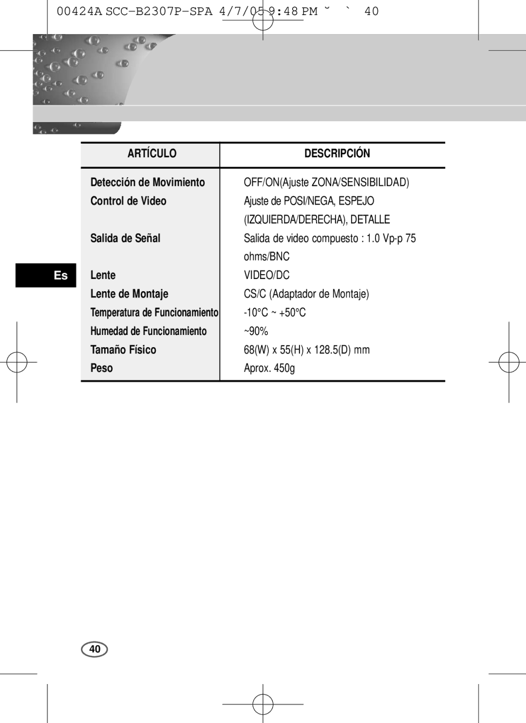 Samsung SCC-B2303(P), SCC-B2003P user manual Artículo Descripción 