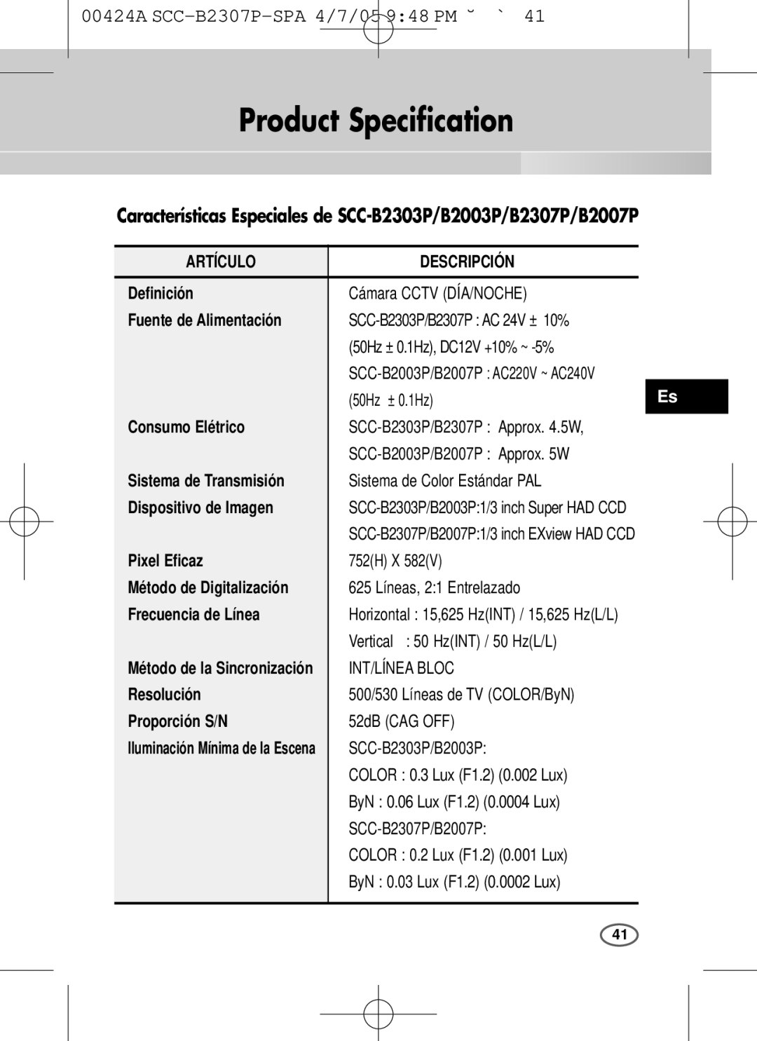 Samsung SCC-B2003P, SCC-B2303(P) user manual Fuente de Alimentación, Sistema de Transmisión, Dispositivo de Imagen 