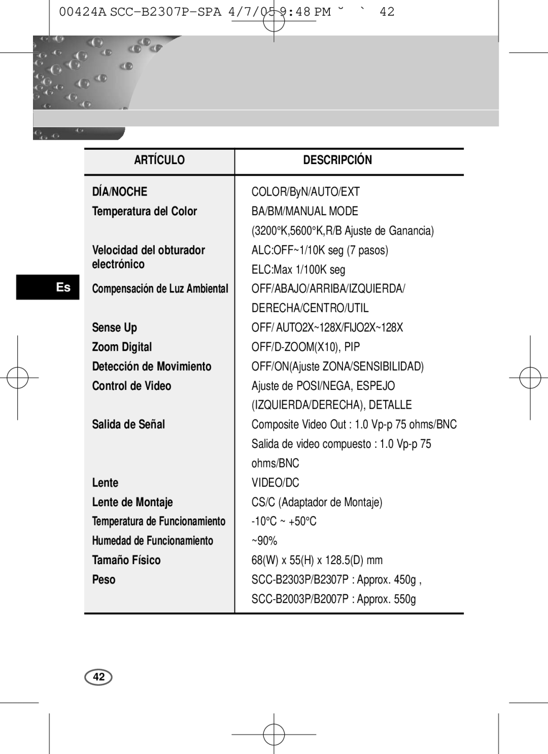 Samsung SCC-B2303(P), SCC-B2003P user manual Artículo Descripción DÍA/NOCHE, COLOR/ByN/AUTO/EXT 