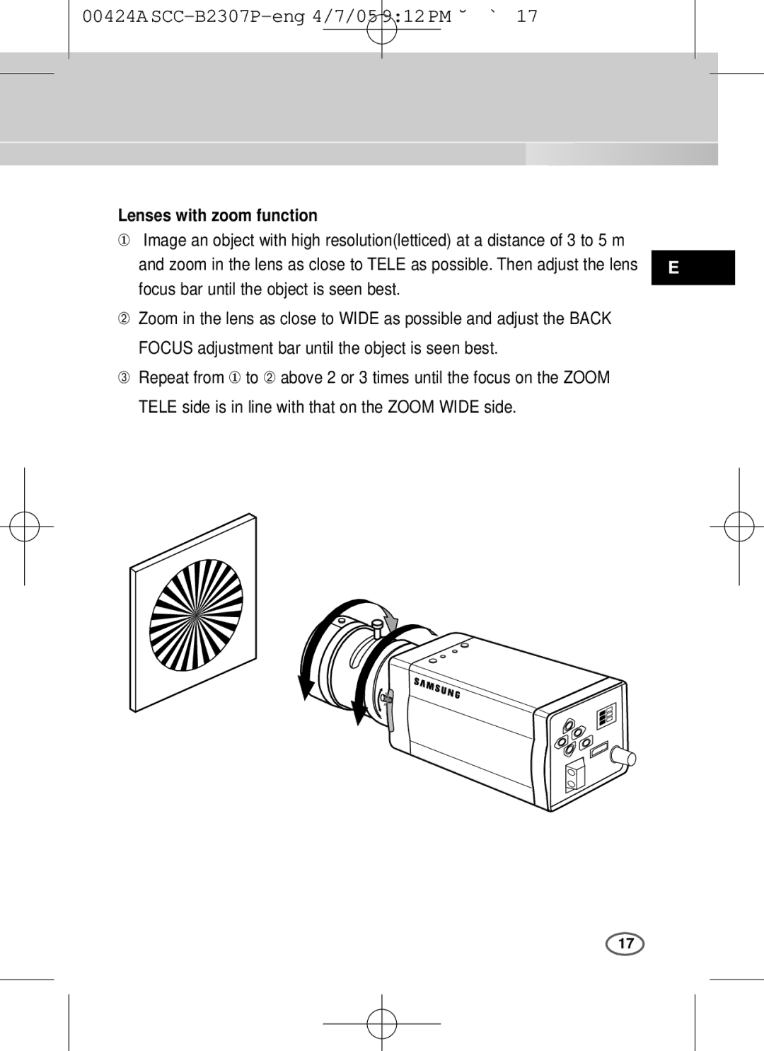 Samsung SCC-B2003P, SCC-B2303(P) user manual Lenses with zoom function, Focus bar until the object is seen best 