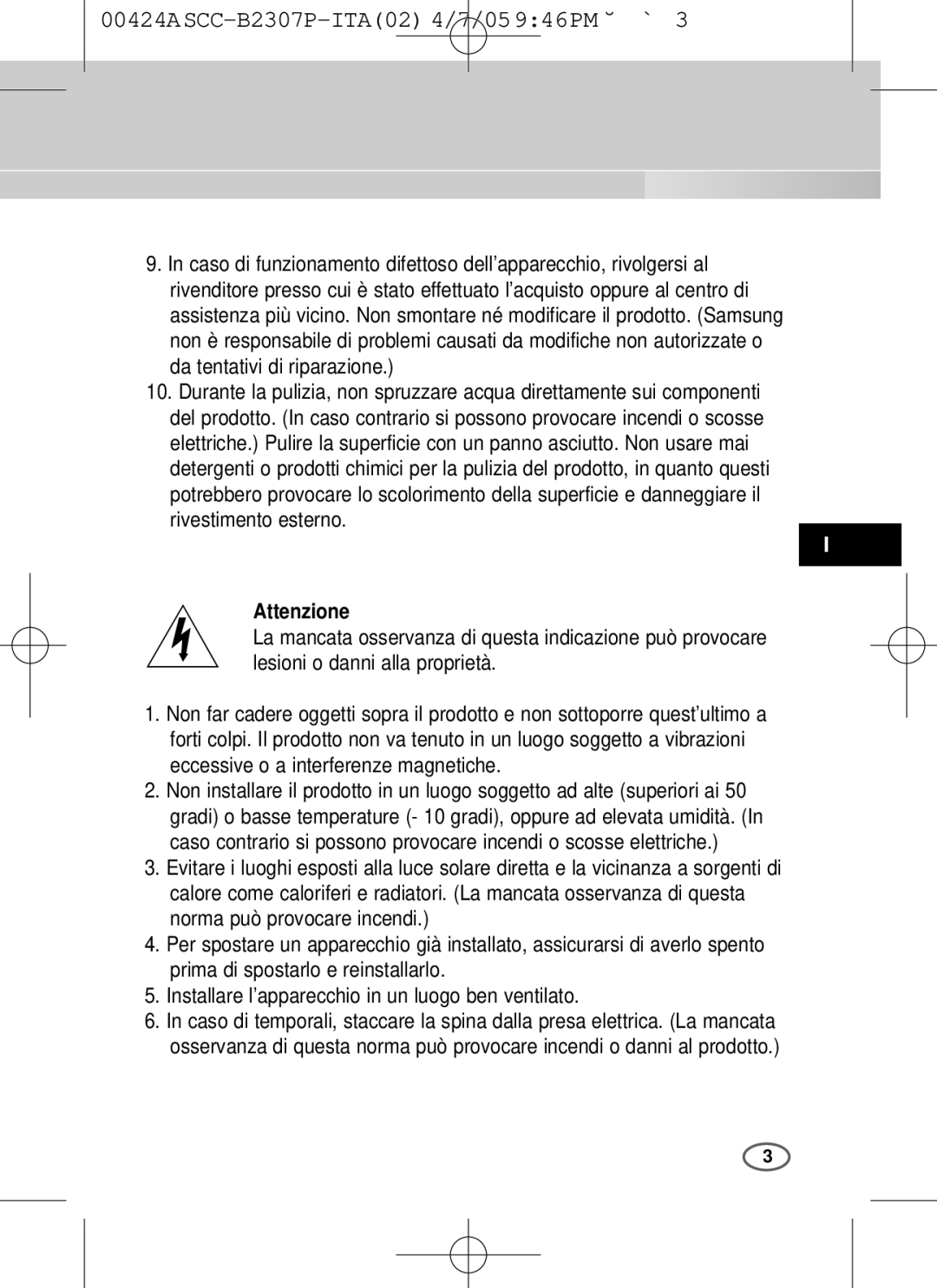 Samsung SCC-B2003P user manual Attenzione, Norma può provocare incendi, Installare l’apparecchio in un luogo ben ventilato 