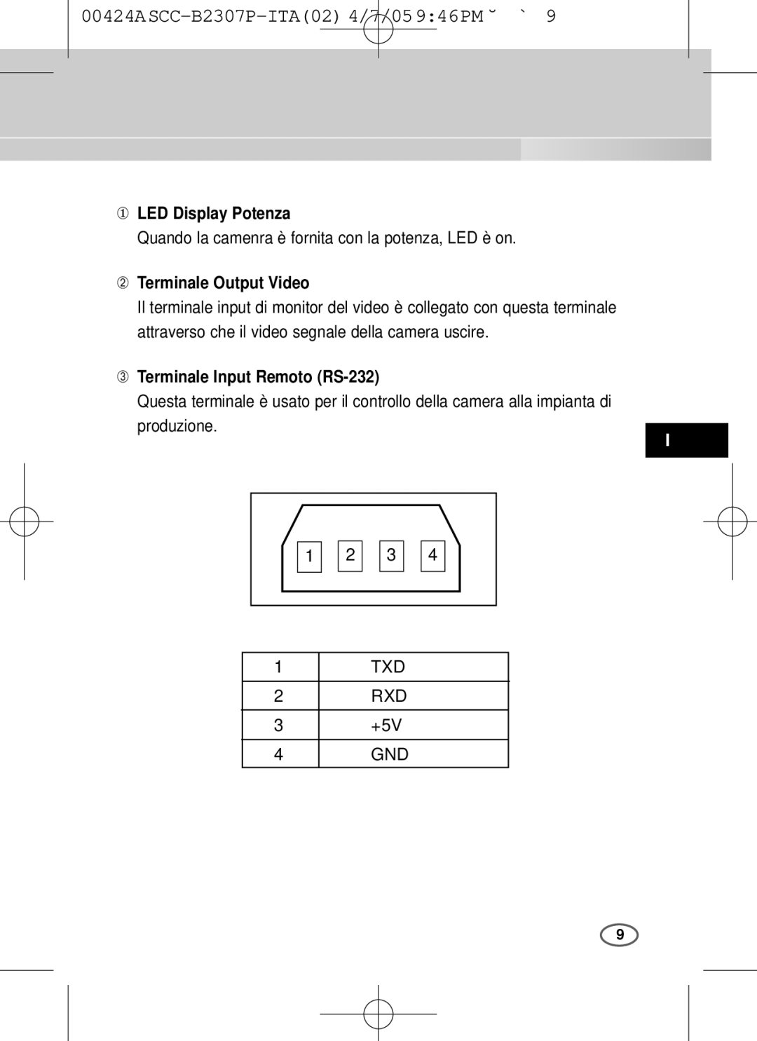 Samsung SCC-B2003P ① LED Display Potenza, Quando la camenra è fornita con la potenza, LED è on, ➁ Terminale Output Video 