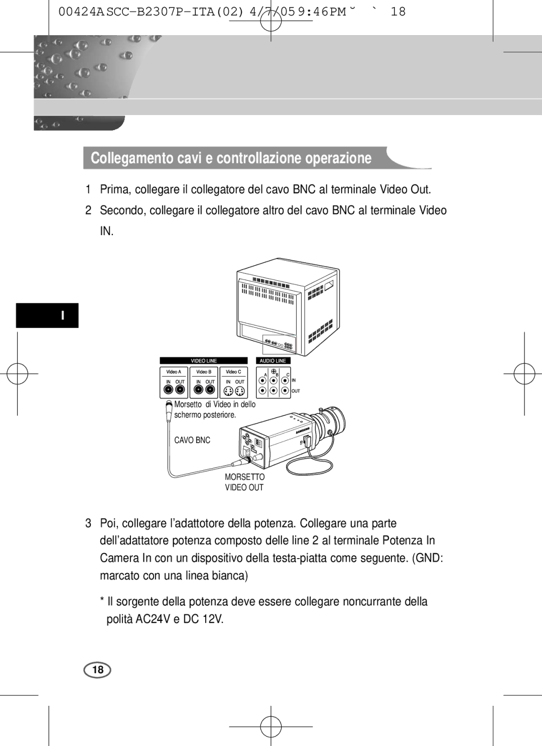 Samsung SCC-B2303(P), SCC-B2003P user manual Collegamento cavi e controllazione operazione, Cavo BNC Morsetto Video OUT 