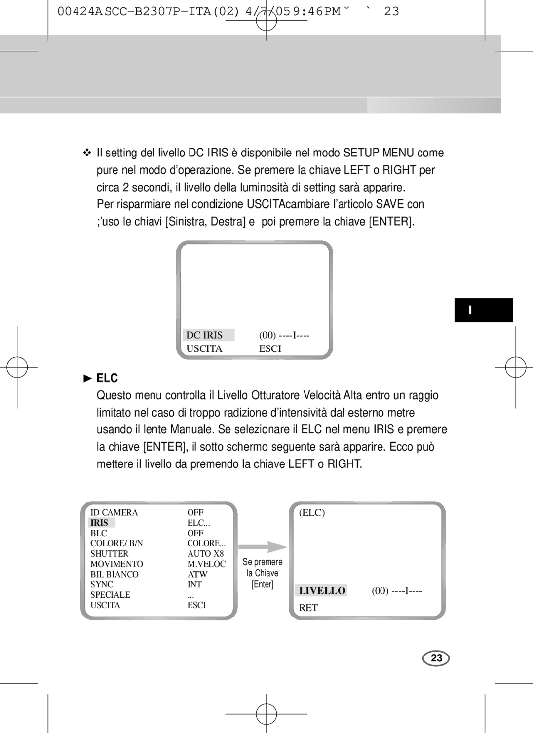 Samsung SCC-B2003P, SCC-B2303(P) user manual Livello 