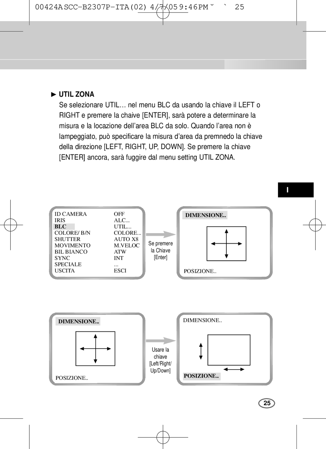 Samsung SCC-B2003P, SCC-B2303(P) user manual Util COLORE/ B/N Colore Shutter Auto 