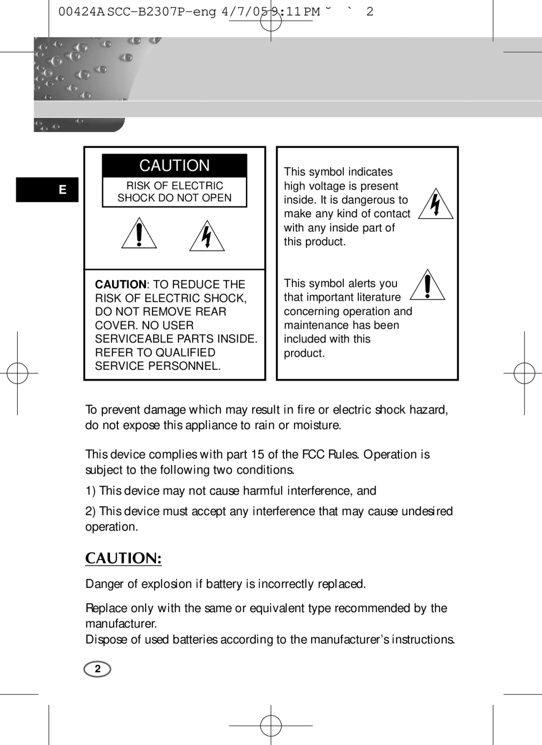 Samsung SCC-B2303(P), SCC-B2003P user manual This symbol indicates 