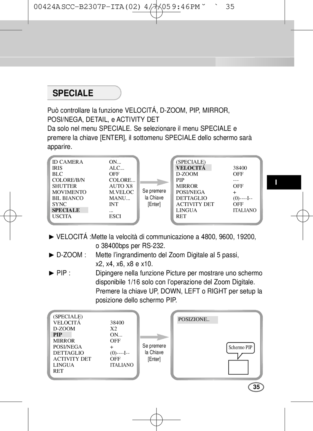 Samsung SCC-B2003P, SCC-B2303(P) user manual Speciale, Velocitá 